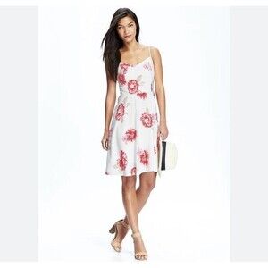 Old Navy Poplin Sun Dress Off White Pink Red Floral Women's Size Medium NWT's